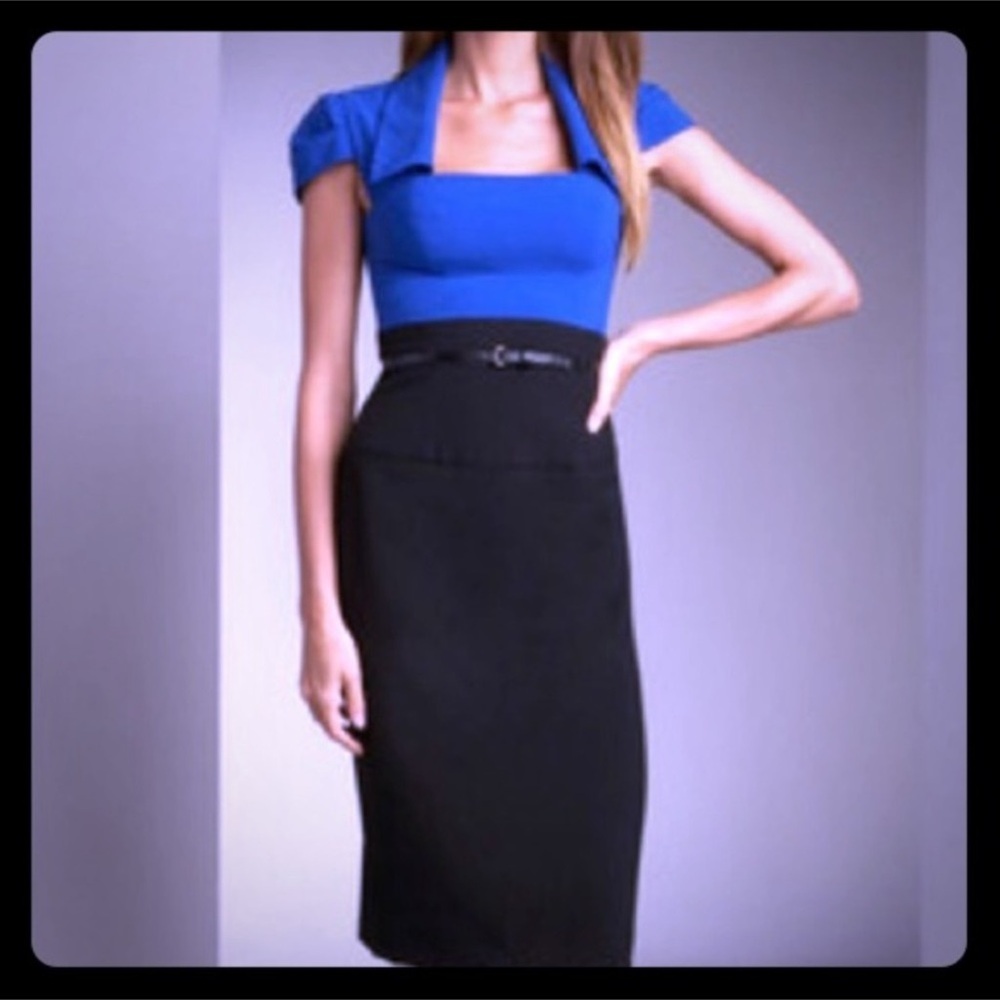 Black Halo Blue and Black Midi Dress with Elegant Design